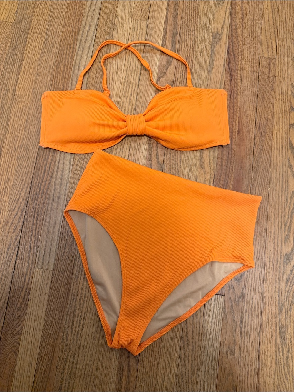 Old Navy Orange Ribbed Bandeau Bikini Set with High-Waist Bottoms